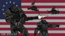 a cartoon of two soldiers standing in front of an american flag holding guns .