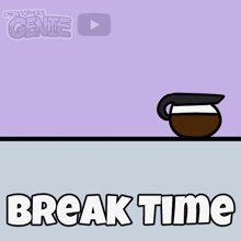 a cartoon of a devil and a cup of coffee with the words break time below it