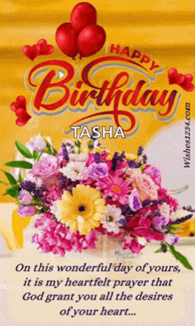 a birthday card for tasha with a bouquet of flowers