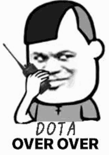 a cartoon of a man talking on a cell phone with the words `` dota over over '' .