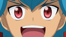 a cartoon character with blue hair and red eyes