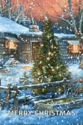 a painting of a christmas tree in front of a house in the snow .