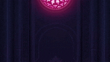 a stained glass window in a dark room with a purple light shining through it