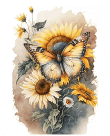 a butterfly sits on top of a sunflower