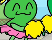 a cartoon of a green frog wearing a pink and yellow skirt .