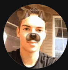 a young man wearing a dog face mask in a circle