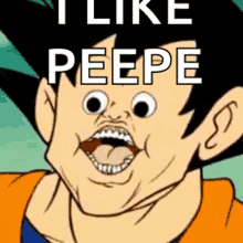 a cartoon of a man with his tongue hanging out and the words `` i like peepe '' above him .