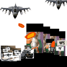 a collage of pictures shows a cat a gun and a jet flying overhead