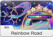 a wii game called mario kart rainbow road with a rainbow and stars