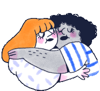 a drawing of two people hugging each other with one wearing a blue and white striped shirt