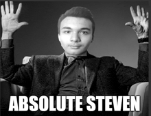a black and white photo of a man with absolute steven written on the bottom