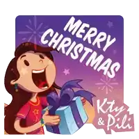 a cartoon of a girl holding a gift and the words merry christmas