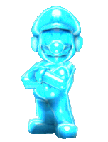 a blue statue of mario with his arms crossed on a white background