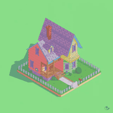 an isometric illustration of a house with a purple roof