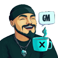 a man with a beard is holding a cup of coffee and a speech bubble says gm