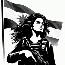 a black and white illustration of a woman holding a gun