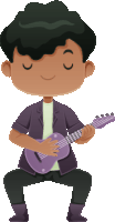 a boy is kneeling down playing a purple guitar with his eyes closed