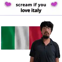 a man wearing glasses stands in front of a flag and a sign that says scream if you love italy