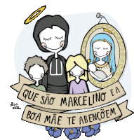 a cartoon of a family with a banner that says que sao marcelino