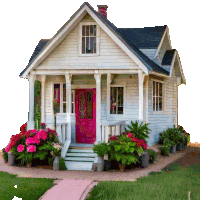 a small white house with a pink door and flowers in front of it