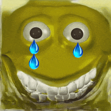 a shrek face with two blue tears coming out of its eyes