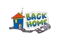 a cartoon drawing of a blue house with the words back home below it