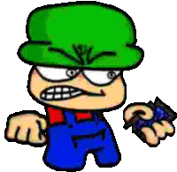 a cartoon character with a green hat and blue overalls is holding a sword .