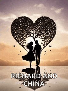 a poster for richard and china shows a couple holding hands under a heart shaped tree