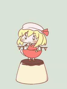 a drawing of a girl standing on top of a pudding cup