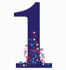 the number 1 is surrounded by red , white and blue stars .