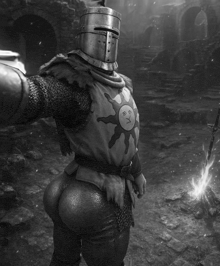 a black and white photo of a knight with the sun on his chest