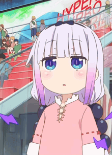 a girl with white hair and blue eyes is standing in front of a sign that says hypero