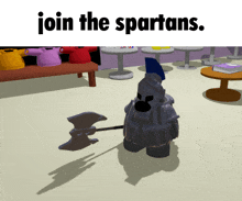 a cartoon of a spartan holding an axe with the words join the spartans above him