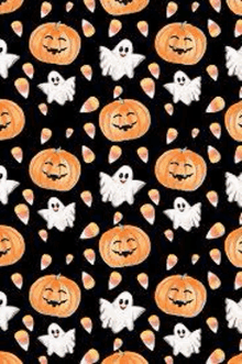 a seamless pattern of pumpkins , ghosts , and candy corn on a black background