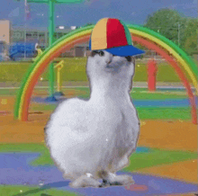 a white cat wearing a colorful hat and sunglasses is standing in front of a rainbow .