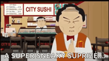 a cartoon of a waiter in a city sushi restaurant