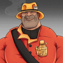 a cartoon of a man wearing a yellow hat and a red jacket .