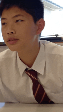 a young boy wearing a white shirt and a red tie