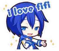 a blue haired anime character with the words i love fifi written above him