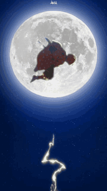 a drawing of a person flying in front of a full moon with a lightning bolt coming out of it