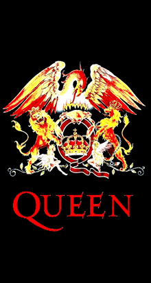 a queen logo on a black background with a dragon and lions