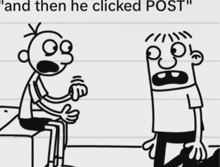 a diary of a wimpy kid cartoon shows a man sitting on a bench and another man standing next to him