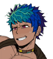 a drawing of a boy with blue hair and a choker