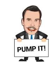 a man in a suit and tie holds a sign that says pump it