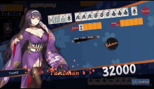 a woman in a purple kimono stands in front of a board with the number 3200