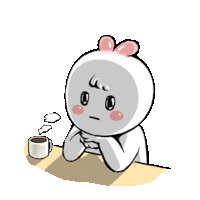 a cartoon character sits at a table with a cup of coffee in front of him