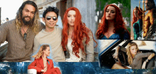 a collage of photos shows a man and woman with red hair