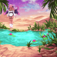 a girl with pink hair and wings is standing in a pond
