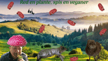 a man wearing a pink mushroom hat is eating a plant in a field with animals