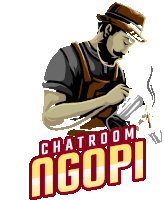 a logo for chat room ngopi shows a man holding a cup of coffee